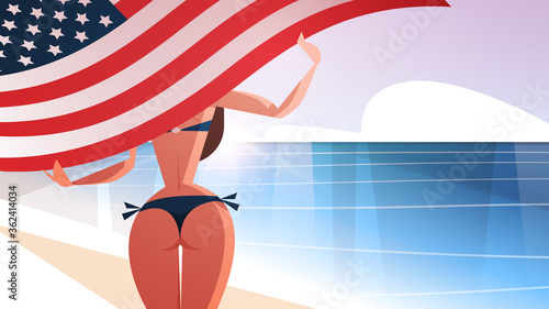 girl in bikini holding waving usa flag 4th of july independence day holiday celebrating concept summer vacation tropical beach seascape background rear view horizontal vector illustration