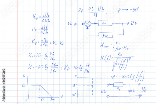 Electronic engineering, physics, mathematics equation and calculations, endless hand writing. Vector notebook page. University notation. Education background.