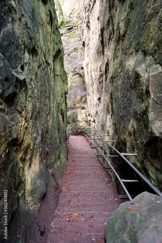 Ein schmaler Weg durch die Felsen der Teufelsschlucht in der Südeifel in Rheinland Pfalz - A narrow path through the rocks of the Teufelsschlucht in the South Eifel in Rhineland Palatinate