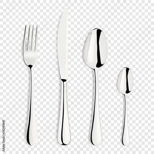 Vector 3d Realistic Metal, Silver, Stainless, Steel Fork, Spoon, Knife Icon Set Isolated on Transparent Background. Dessert Cutlery Design Template