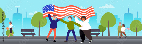 mix race people with usa flag celebrating 4th of july american independence day celebration concept friend walking in urban park cityscape background full length horizontal vector illustration