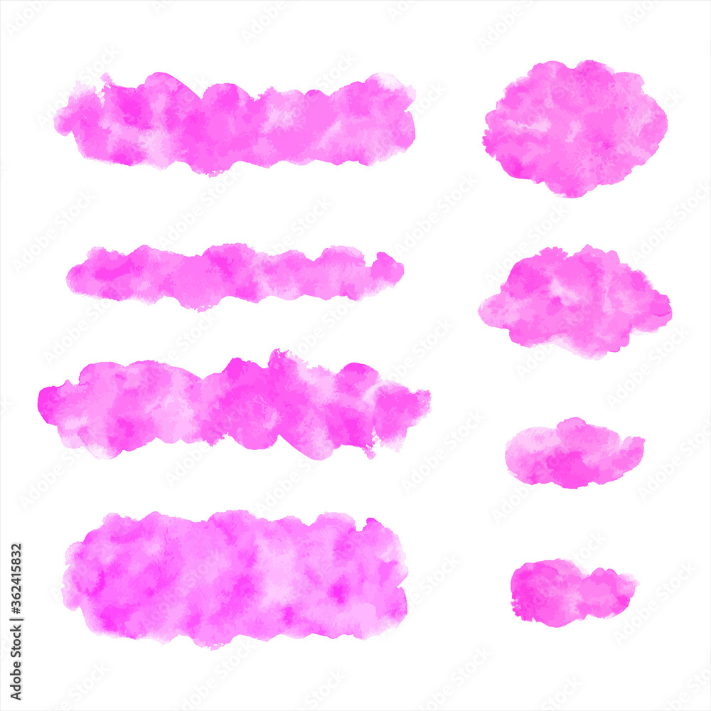 Watercolor vector graphic design elements set. Fuchsia pink brush strokes, spots, oval smears, uneven stripes, smudges. Watercolour stains text banner, cloud shape, frame template. Painted background