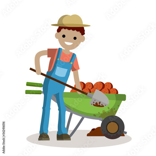 Rural boy digging potatoes with a spade. rustic Cart with vegetables. countryside work. Element of village life. Planting and harvesting. Cartoon flat illustration