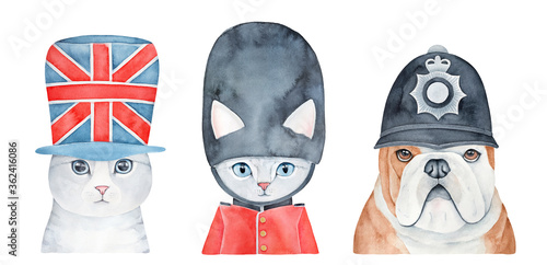 Animal portrait collection wearing various classic British signs and accessories: Union Jack flag hat, Queen's guard, policeman. Watercolour graphic painting, cutout clip art elements for cute design. photo