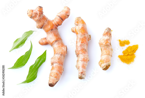 Turmeric root with powder and leaves on white background