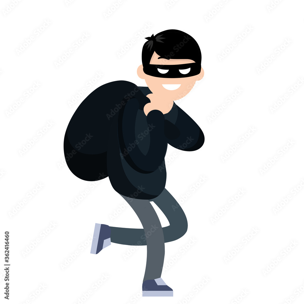 Thief with bag of money. Problem of urban economic security. Cartoon flat illustration. Bank robbery. Funny criminal man in black mask Thief with bag of money. Problem of urban economic security. Cartoon flat illustration. Bank robbery. Funny criminal man in black mask
