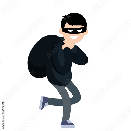Thief with bag of money. Problem of urban economic security. Cartoon flat illustration. Bank robbery. Funny criminal man in black mask