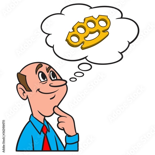 Thinking about Brass Knuckles - A cartoon illustration of a man thinking about a pair of Brass Knuckles.