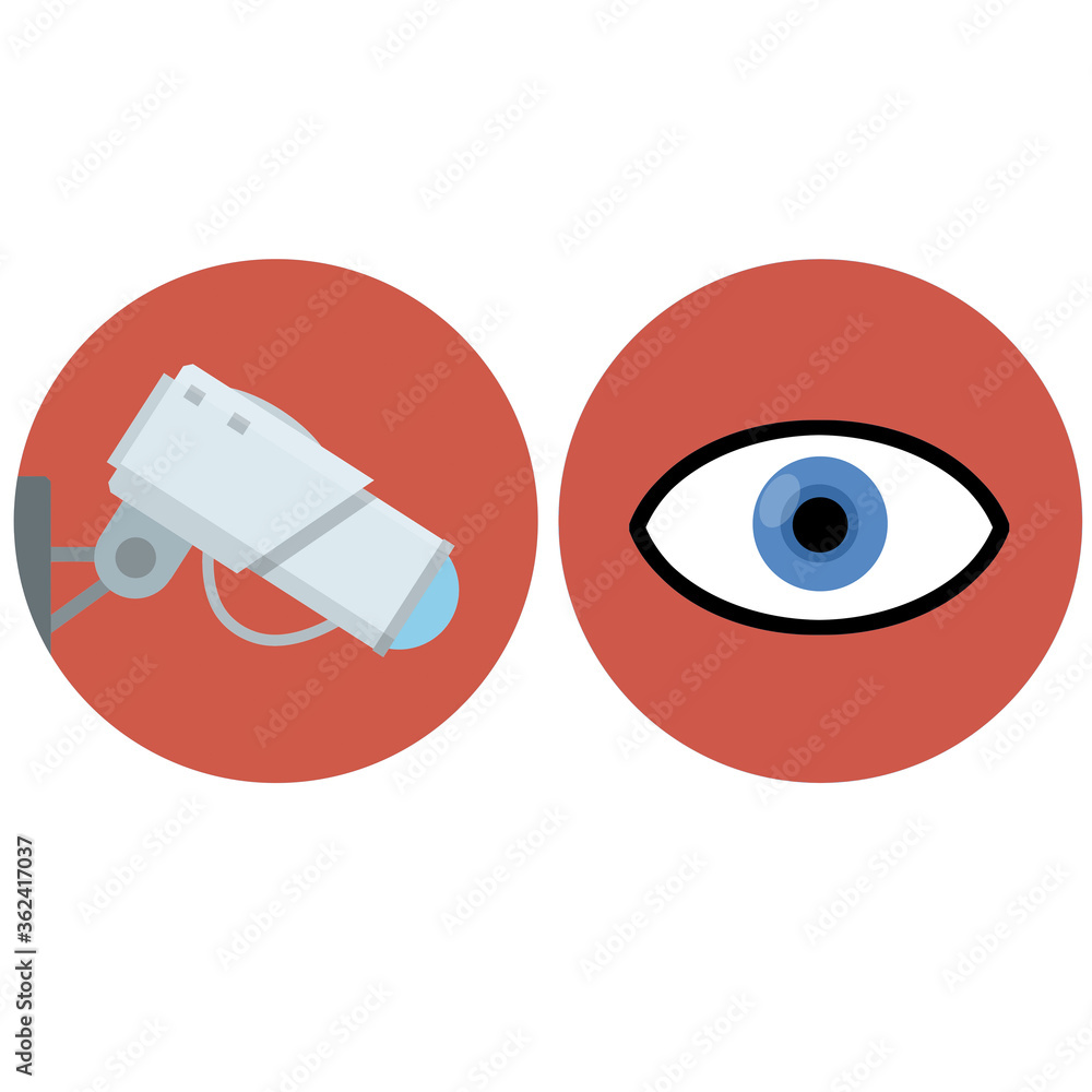 Naklejka premium Video surveillance camera. Security footage set. White CCTV device with red lens. Cartoon flat illustration. Safety and security. Human eye icon. control and monitoring in circle