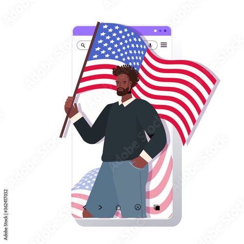 man in festive hat holding usa flag celebrating 4th of july american independence day concept smartphone screen mobile app portrait vector illustration