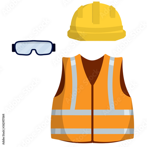 Clothing of worker and the Builder. Orange uniform, glasses and helmet. industrial safety. Type of profession. Cartoon flat illustration