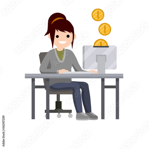 Woman sit at table with computer. Online income and salary. Gold coins. Cartoon flat illustration. Work freelance and programmer. Happy girl