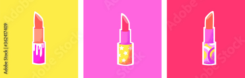 Vector cartoon illustration with lipstick. Retro poster. Three different colorful tube of lipstick. Orange, red color of lipstic. Flat illustration for cosmetic advertising. All elements are isolated.