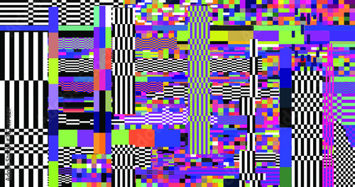 Glitch datamoshing camera effect. Retro VHS background like in old video tape rewind or no signal TV screen. Vaporwave and retrowave style vector illustration.