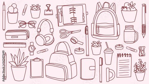 Different school stuff, tools for studying, pens, notebooks, bags and home plants. Vector cute doodle illustration isolated on beige background. Home education concept. Objects for studing.