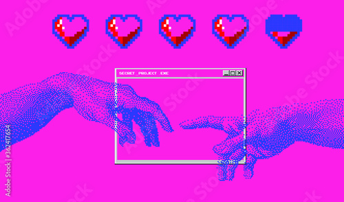Hands going to touch together, look like the Michelangelo's art work. Cyberpunk and vaporwave style collage.