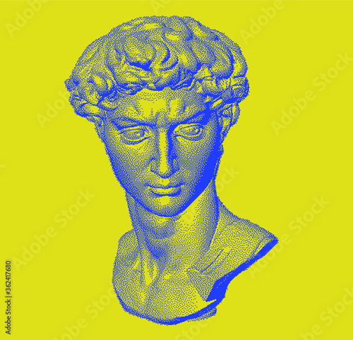Pixel art 3D rendering of Michelangelo's David head. Retrofuturistic vector illustration in vaporwave and retrowave 80's aesthetics style.
