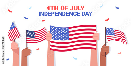 mix race human hands holding usa flags people celebrating 4th of july american independence day concept horizontal vector illustration