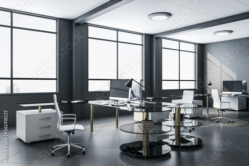 Modern office interior with city view,
