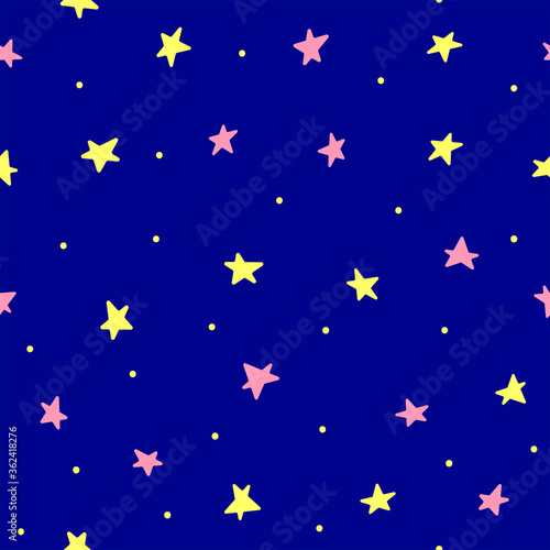 Simple seamless pattern with scattered small stars and dots. Cute vector illustration.