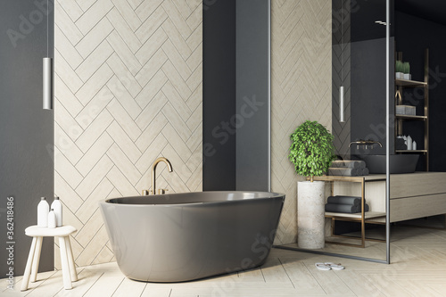 Fototapete Luxury marble bathroom interior with black bath