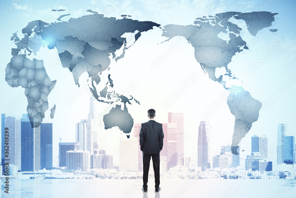 Businessman and digital world map hologram Businessman and digital world map hologram
