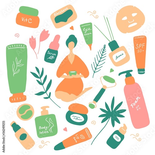Big beauty set. Skin care and beauty signs, spa salon and self-care icons. Vector flat hand drawn illustration