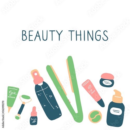 Beauty things. Products, cosmetics, tools devices for beauty. Skin, body and hair care. Vector flat illustration