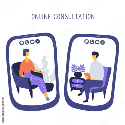 Doctor and patient communicate by video call. Online psychiatrist concept. Two people on screens of smartphones are talking to each other. Hand drawn vector illustration