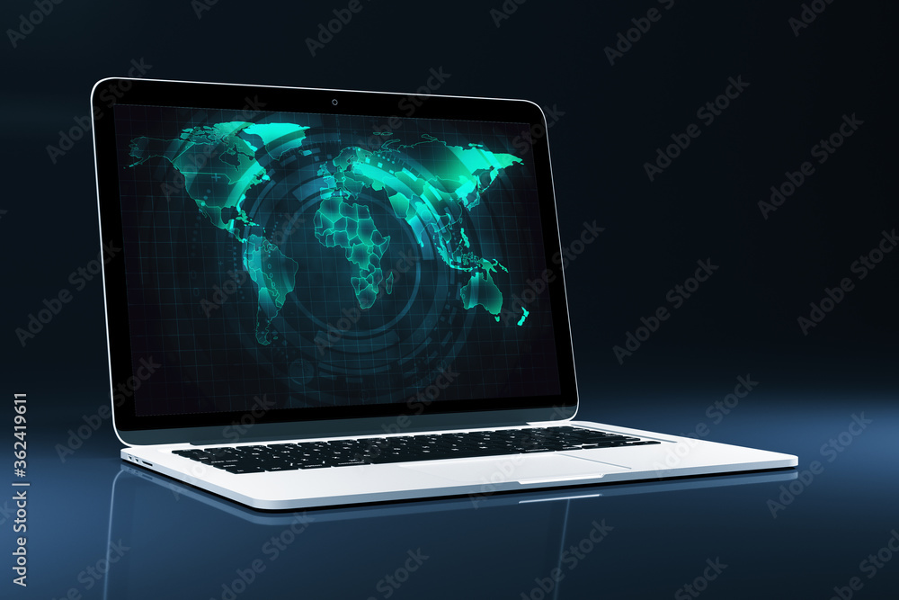 Laptop with digital world map interface on screen. Laptop with digital world map interface on screen.