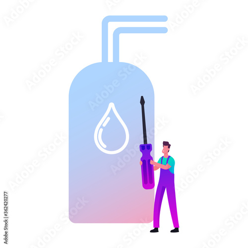 Call Master Character in Robe Install Smart Heater. Husband for an Hour Repair Service, Worker with Screwdriver Fixing Broken Technics at Home. Electrician Plumber at Work. Cartoon Vector Illustration
