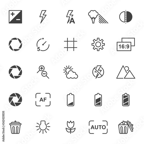 A set of linear icons related to the settings and functionality of the camera. Contains signs of flash, aperture, battery power and others. Isolated vector on a white background.