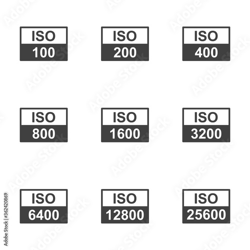 Set of icons with the image of various options used in the iso camera. A simple and understandable sign for adjusting the sensitivity of the camera to light. Isolated vector on a white background.