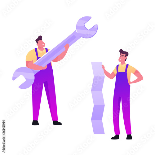 Characters with Tools Install Appliances. Tiny Men in Overalls Hold Huge Wrench and Paper Sheet. Handymen Fixing Broken Technics at Home, Repair Service Call Master. Cartoon People Vector Illustration