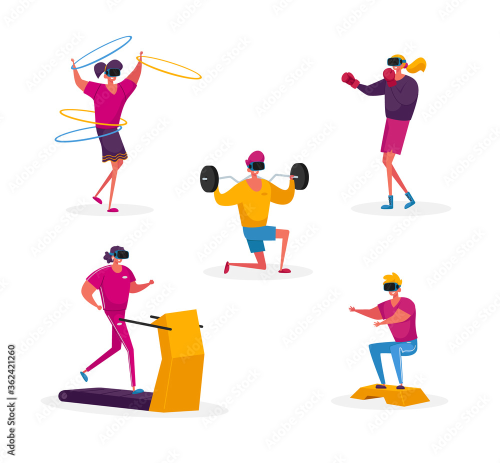 Set of Characters in Vr Glasses Sporty Training in Virtual Reality Cyberspace. Young People in Sports Clothing and Goggles Headset Doing Fitness Exercising, Sport Workout. Cartoon Vector Illustration Set of Characters in Vr Glasses Sporty Training in Virtual Reality Cyberspace. Young People in Sports Clothing and Goggles Headset Doing Fitness Exercising, Sport Workout. Cartoon Vector Illustration