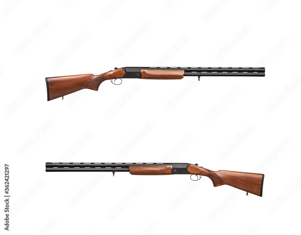 Classic vertical double-barreled hunting rifle isolate on a white back. Smoothbore weapon with a wooden butt for hunting, sports and self-defense. Classic vertical double-barreled hunting rifle isolate on a white back. Smoothbore weapon with a wooden butt for hunting, sports and self-defense.