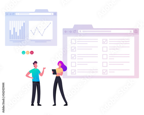 Woman Conduct Voters Questionnaire Collecting Social Statistics before Poll. Presidential Election, Polling Online Procedure. Character Express Society Opinion. Cartoon People Vector Illustration