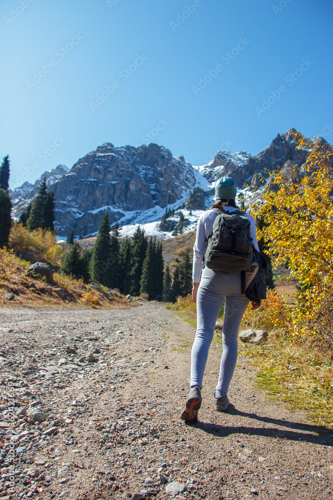 Obraz premium A slender girl with a large backpack takes a hiking walk to the mountain top.