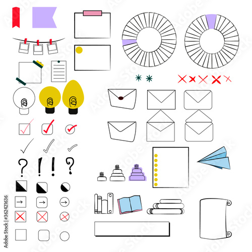 Bullet journal drawn elements set isolated for notebook