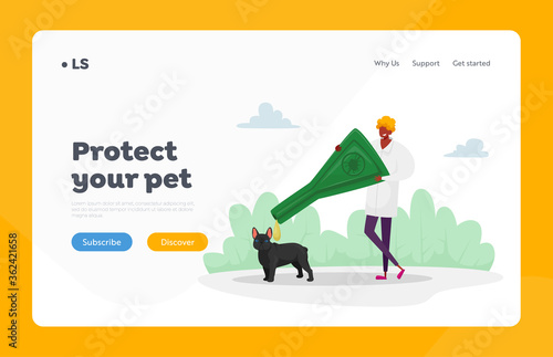 Domestic Animals Parasites Protection Landing Page Template. Character Dripping Drops against Encephalitis Mites on Dogs. Doctor Protect Pet of Ticks and Poisonous Insects. Cartoon Vector Illustration