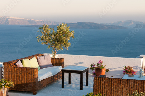 Roof garden cafe restaurant at Santorini island in the Aegean sea in Greece © Michalis Palis