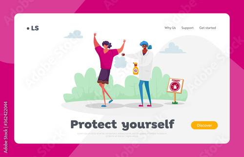 People Protect themselves from Mites Landing Page Template. Doctor Characters Spraying Insecticide on Woman against Ticks and Mosquito for Safety Walking in Forest or Park. Cartoon Vector Illustration