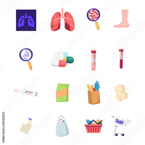 Set of Medicine Icons Xray of Diseased Lungs, Germs under Magnifier and Foot with Veins, Medical Pills, Blood in Test Tube and Pregnancy Test with Grocery Products. Cartoon Vector Illustration
