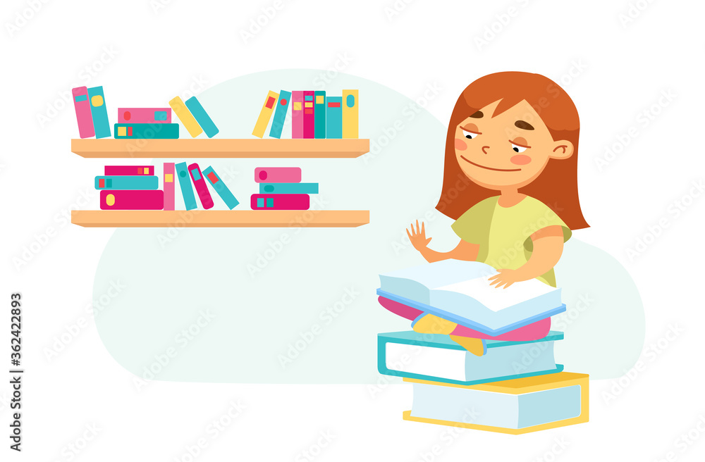 Education, Back to School and Knowledge Concept. Schoolgirl Character Sit on Textbooks Pile Read Book, Studying, Prepare Exam in Library. Kid Learning at Home or Classroom. Cartoon Vector Illustration