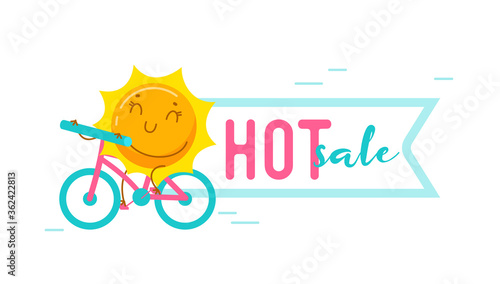 Hot Summer Sale Banner with Kawaii Sun Personage Riding Bicycle Isolated on White Background. Cute Cartoon Character Summertime Holidays Activity, Biking Spare Time Discount Offer. Vector Illustration