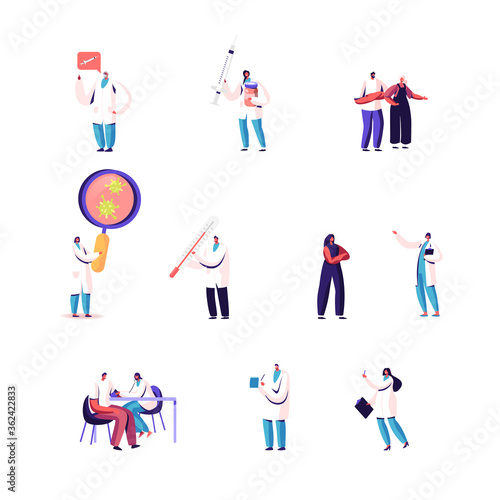 Set of Doctors and Patients Male and Female Characters. Tiny Hospital Staff Holding Huge Medical Tools Syringe, Bottles with Drugs and Magnifier with Virus Cells. Cartoon People Vector Illustration
