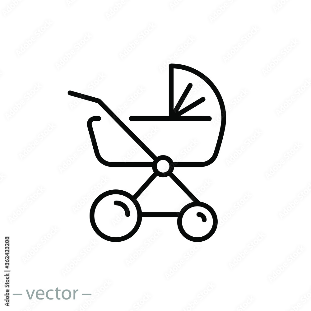 baby stroller icon, pram, black silhouette buggy, thin line web symbol on white background - editable stroke vector illustration eps10 baby stroller icon, pram, black silhouette buggy, thin line web symbol on white background - editable stroke vector illustration eps10