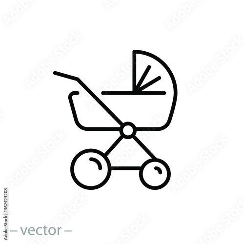 baby stroller icon, pram, black silhouette buggy, thin line web symbol on white background - editable stroke vector illustration eps10