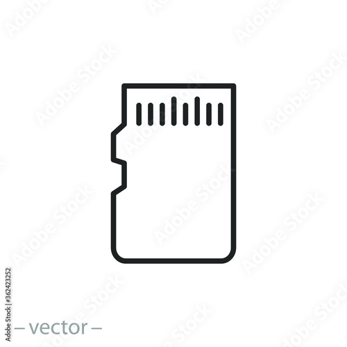 micro sd card icon, adapter for laptop, memory card, reader device, thin line web symbol on white background - editable stroke vector illustration eps10