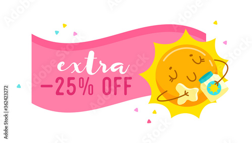 Extra Sale Banner with Cute Cartoon Sun Applying Cream for Tan. Kawaii Personage Take Sunbath on Summer Vacation. Summertime Activity and Spare Time, Store or Shop Discount Offer. Vector Illustration